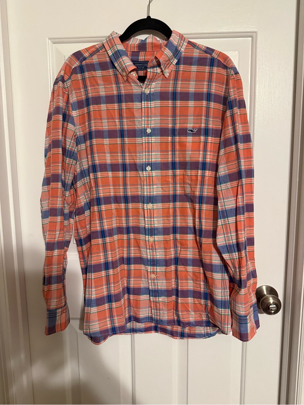 Vineyard Vines Mens Large Plaid Button Down Shirt Orange Blue Long Sleeve Whale